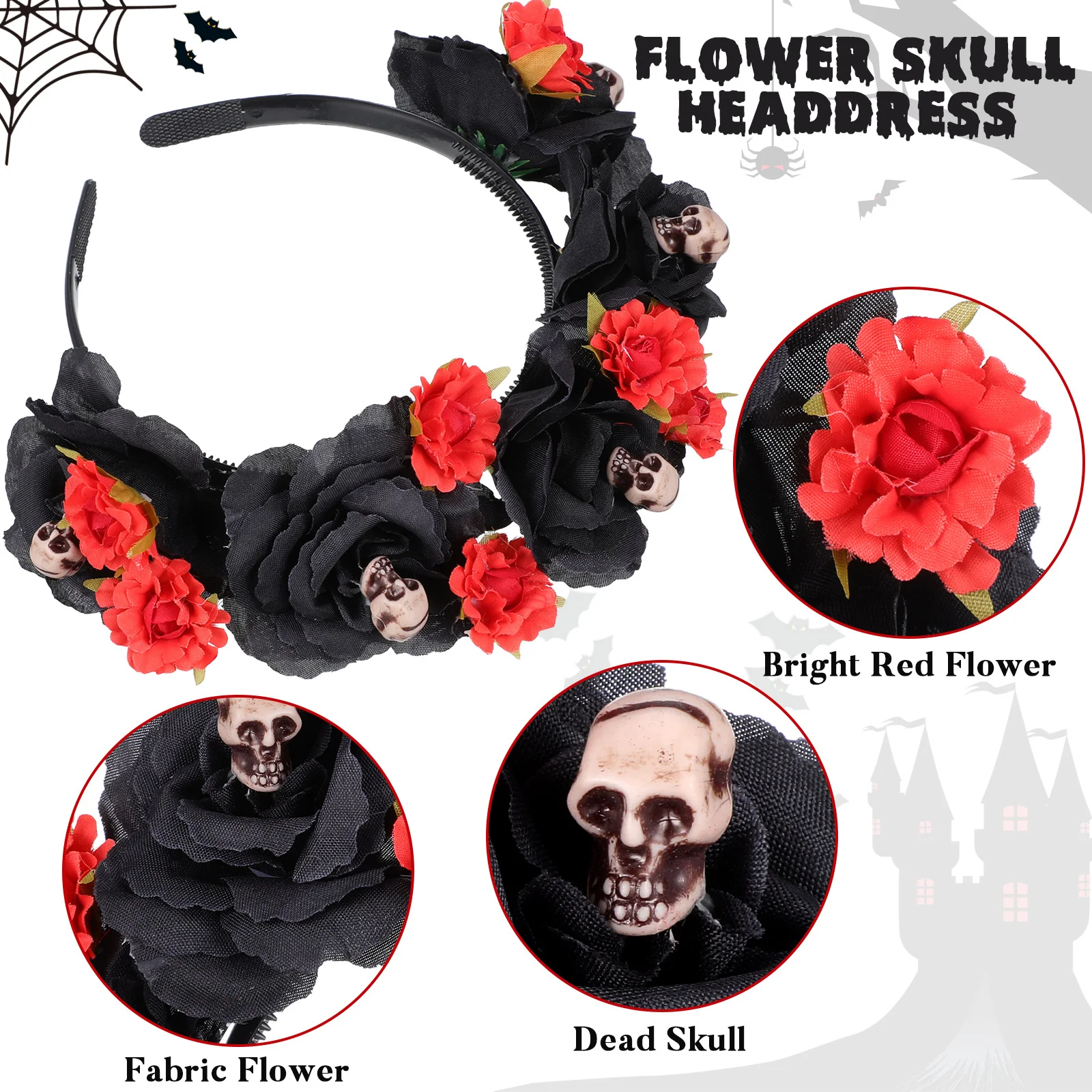 غطاء رأس على شكل جمجمة على شكل زهرة احتفالية لحفلات الهالوين للنساء، غطاء رأس أنيق بمظهر غامض، إكسسوار للمهرجانات