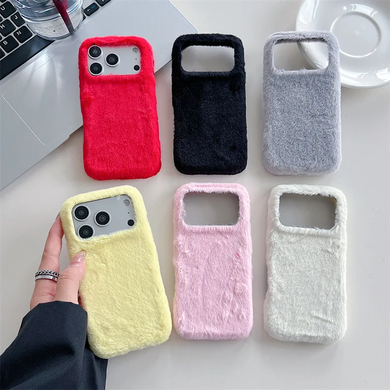 Koreanische Winter Warme Solide Farben Pelzigen Flauschigen Plüsch Telefon Fall Für iPhone 17 Air 16 15 14 13 Pro max Stoßfest Schutzhülle