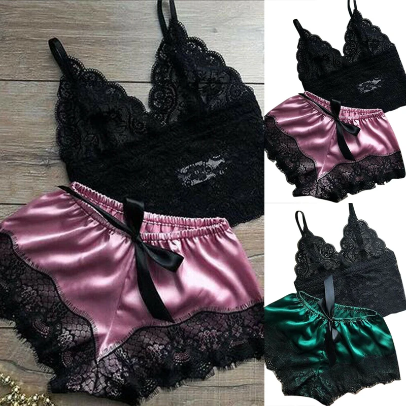 2 pezzi pigiameria in pizzo da donna Lingerie top pantaloncini Set Babydoll pigiama Casual pigiami da notte