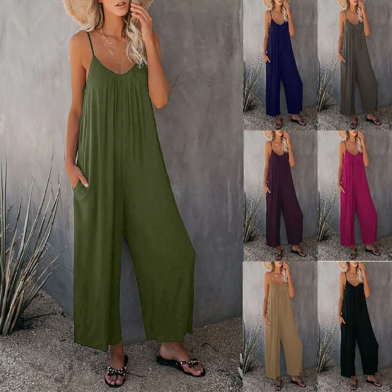 Amazon Europe and America 2023 Summer New Women's Pants Cross border Solid Color Pocket Loose Casual Sling Jumpsuit