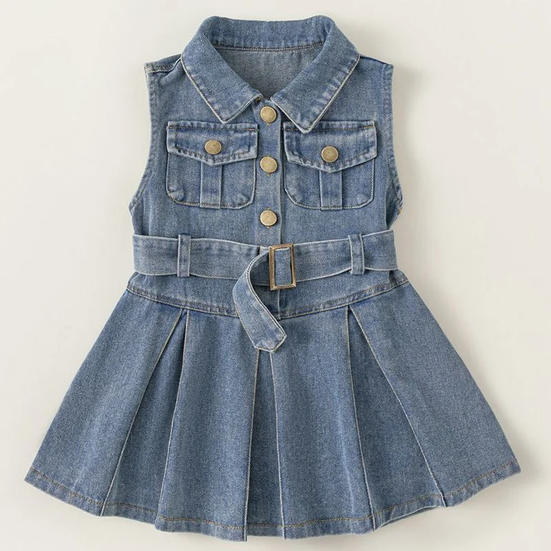 

Children’s denim skirt, Korean-style, girl’s sleeveless, reversible collar dress, stylish summer outfit, skirt.