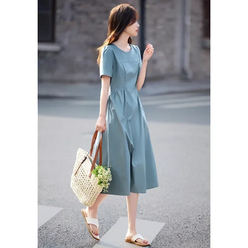 

2024 French Sweet Bubble Sleeves Elegant, Comfortable, Fresh Dress for Women's Summer New Style Waist Folded A-line Skirt