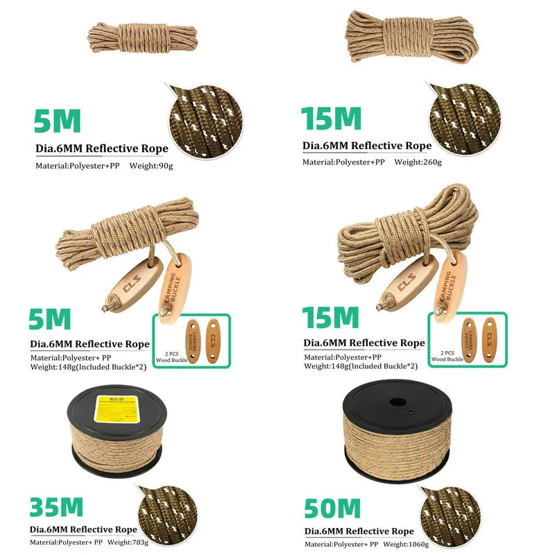 6mm Thickened Reflective Tent Rope 5/15/25/35/50M Outdoor Wind Rope for Camping Canopy Awning Fixed Safety Windproof Rope Khaki