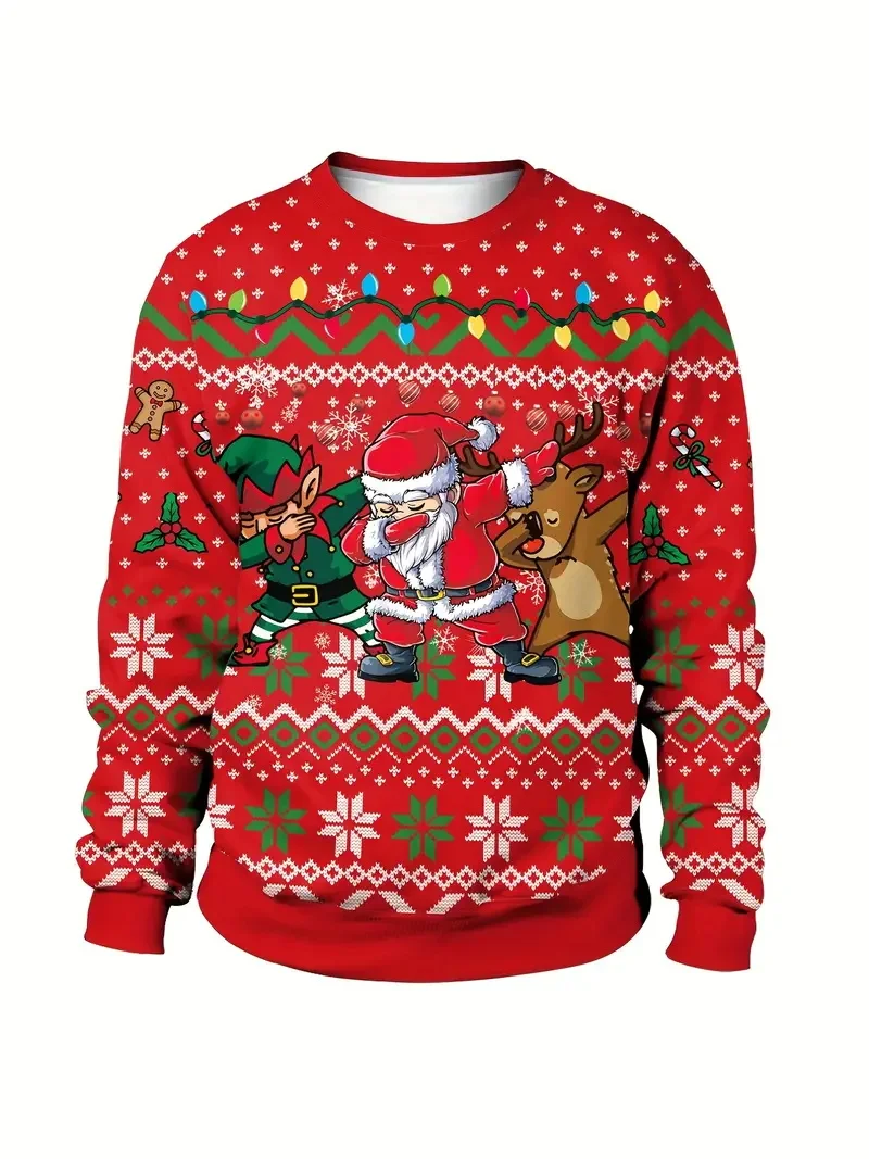 Men's Crew Neck Pullover Sweatshirt Trendy Design Full Print Merry Christmas Santa Claus Graphic Jumper Sweatshirts For Men