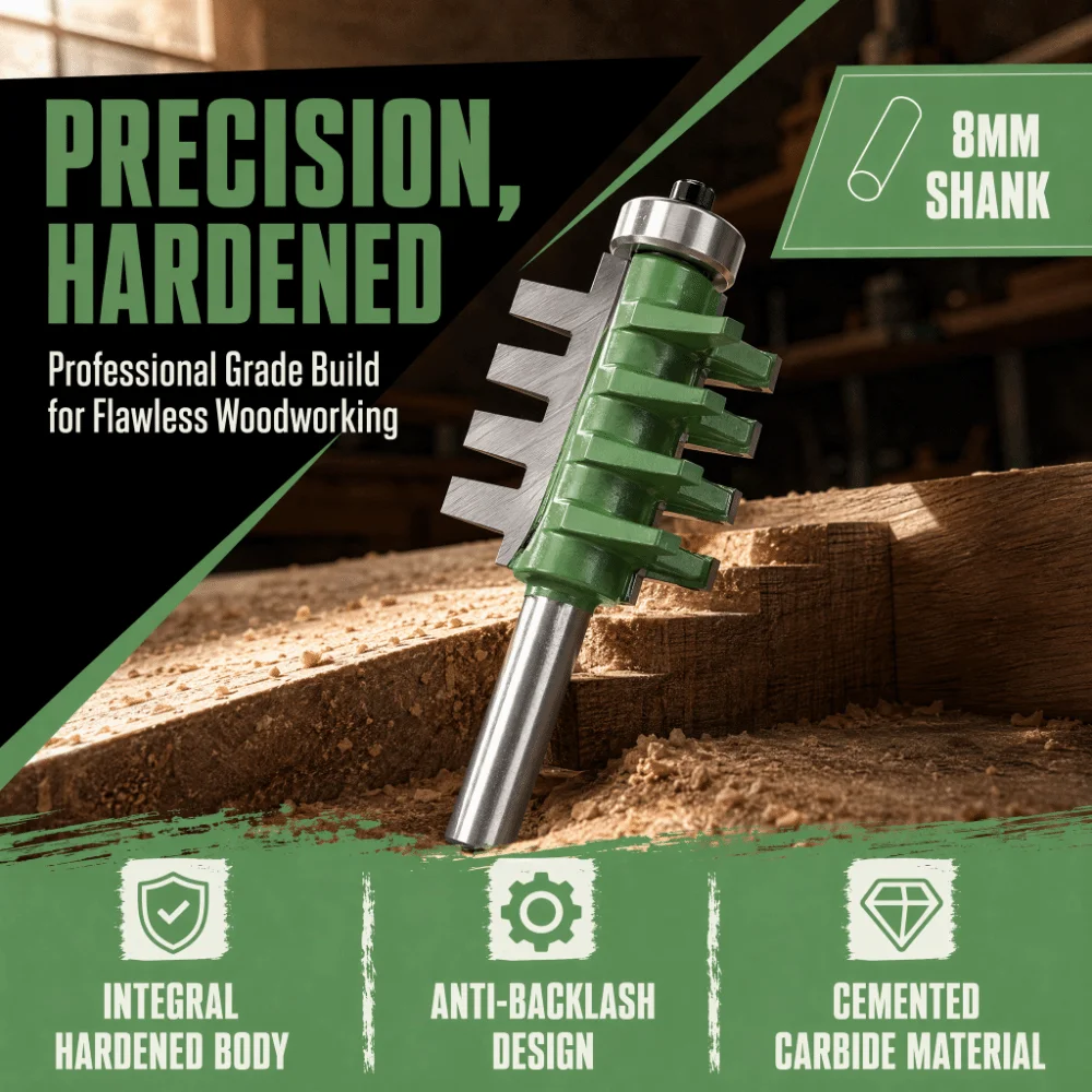 8x34.9mm Size Finger Joint Router Bit Cemented Carbide 8mm Shank Woodworking Cutter Bit Rail Type Green Color Wood Router Cutter