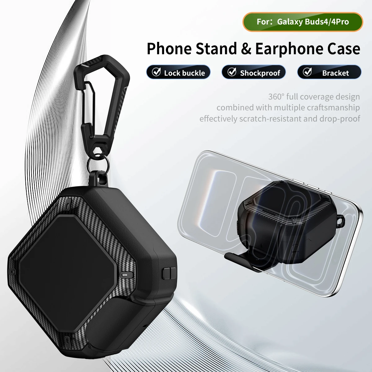 Tragbare, stoßfeste Hülle für Samsung Galaxy Buds 4/Buds 4 Pro, Headset-Hülle aus Kohlefaser mit Karabiner-Sicherheitsschloss und Telefonständer
