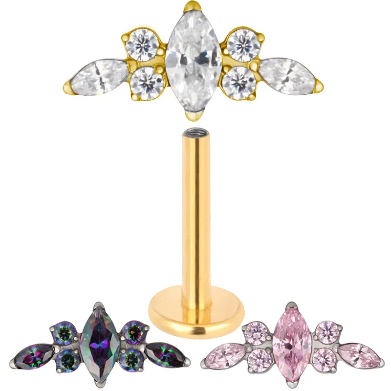 

G23 Titanium Ear PIERC Curved Bar Earrings 7 CZ Paved Top Threaded Labret Stud Tragus Lip Ring Body Piercing Jewelry Wholesale