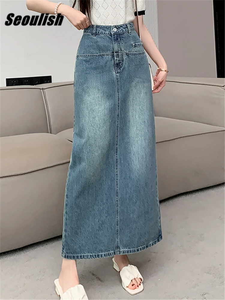 

Seoulish 2023 New High Waist Women's Denim Long Skirts Spring Summer Vintage Back Split Cowboy Jeans A-Line Skirts Female