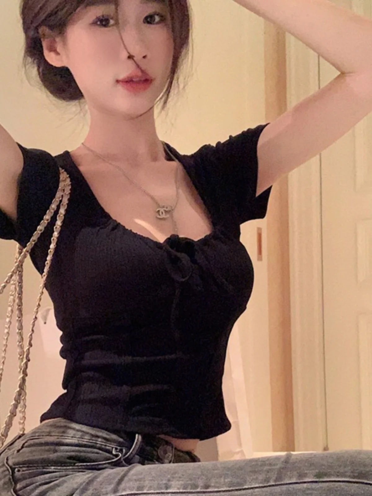 

Slim Fit ort Sve T-irt Women plus Size Cute Design Belted oulder Length Summer Top Sweet Sle Pure Color Square Collar