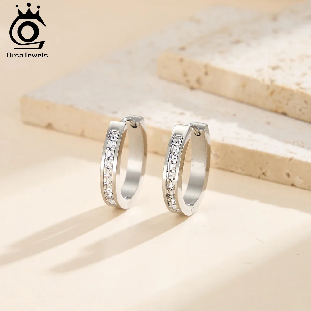 

ORSA JEWELS Stainless Steel Fashion Full Zircon Shiny Hoop Earrings for Women Trendy Circle Ear Buckle Waterproof Jewelry STKE22
