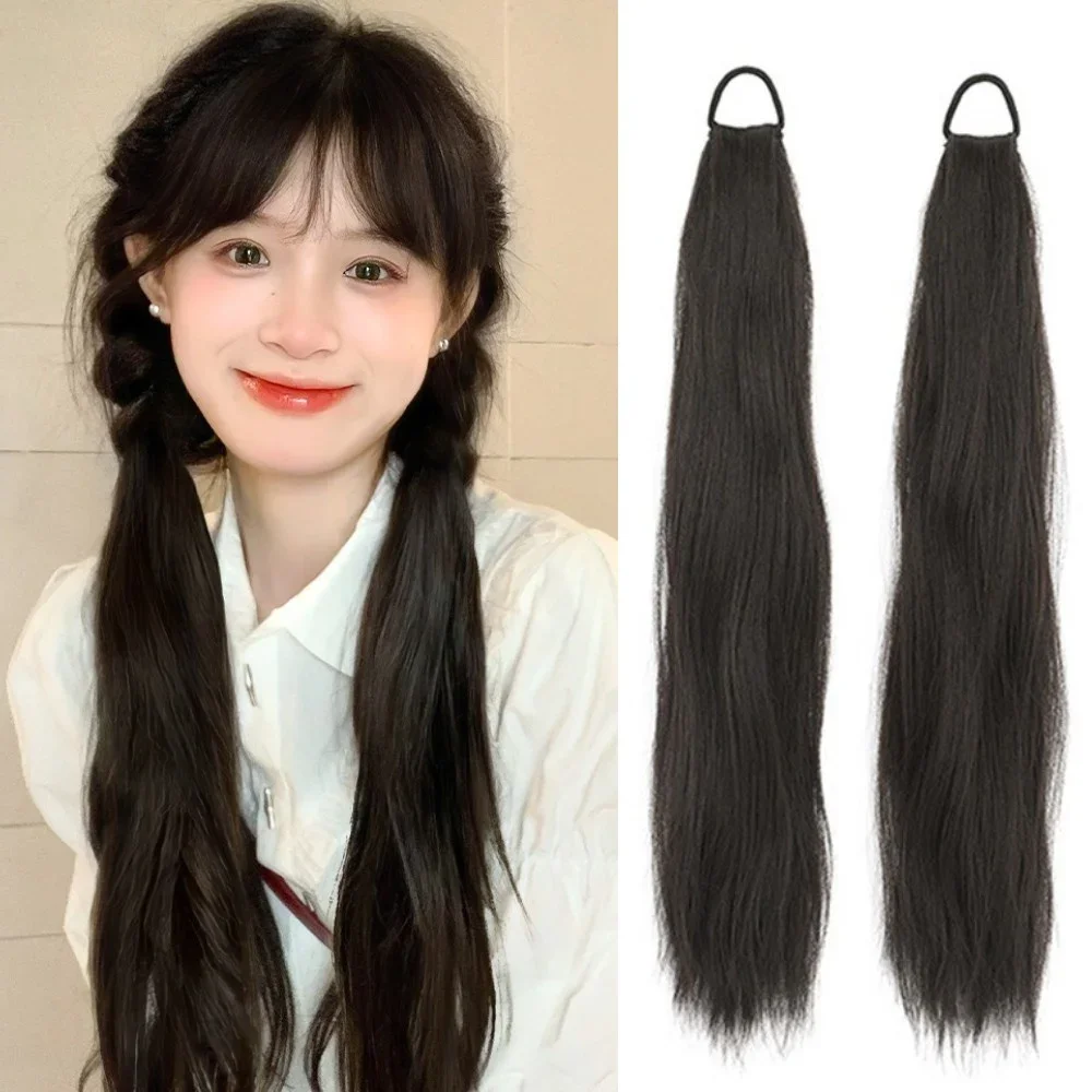 1Pc Y2K girls Natural Synthetic Simulation Long Straight Double Horsetail Wig with hairrope Extensions Hair Wig Accessories 45cm