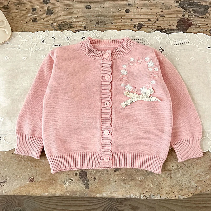 2026 ربيع جديد الرضع طفل الفتيات الحياكة سترة طويلة الأكمام الأزهار التطريز سترة معطف طفل رضيع الحياكة سترة