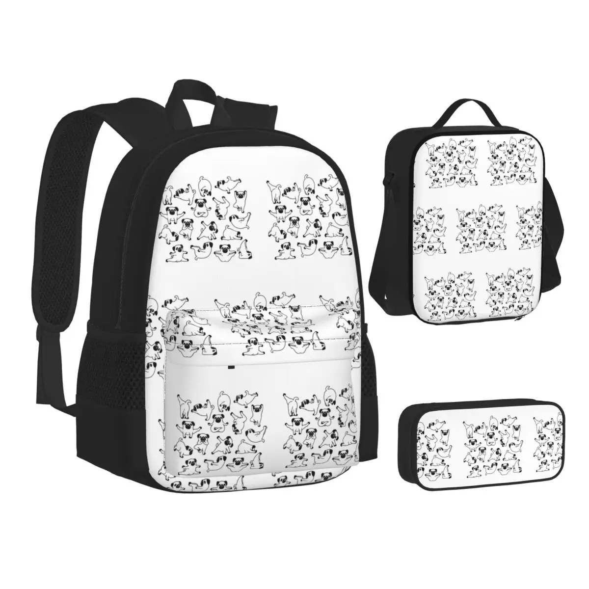 

Yoga Pug Backpacks Students Bookbag School Bags Kids Rucksack Lunch Bag Pen Bag Three-Piece Set
