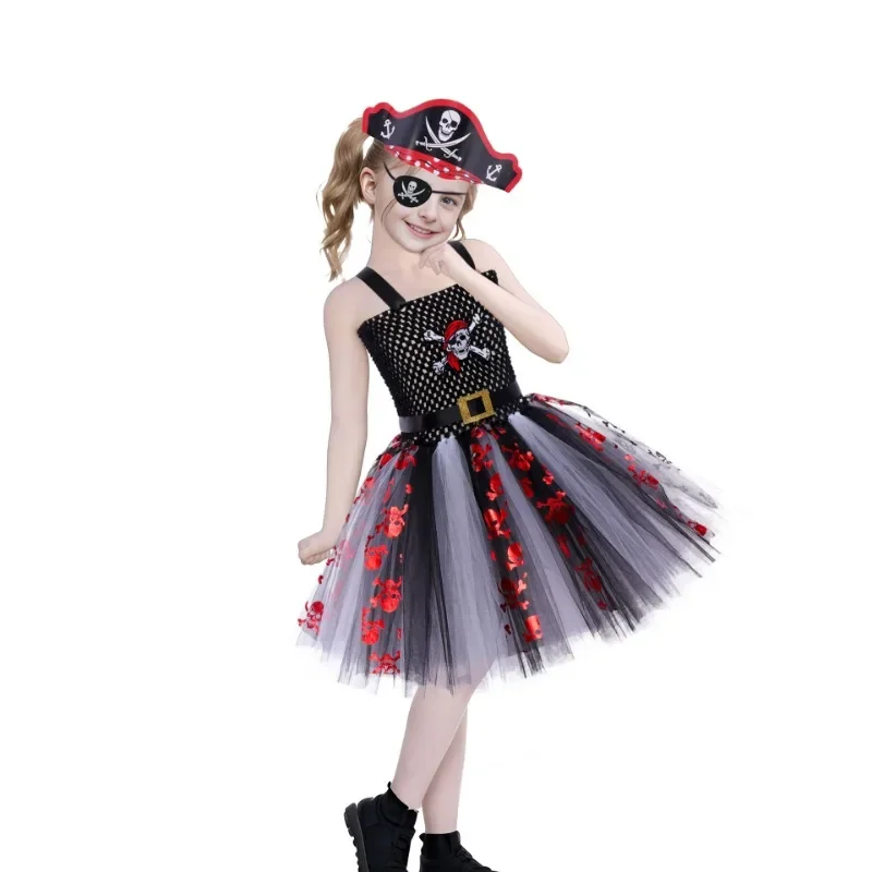 Novo estilo infantil halloween pirata crânio cabeça malha crianças menina cosplay trajes caribe cos pano chapéu máscara