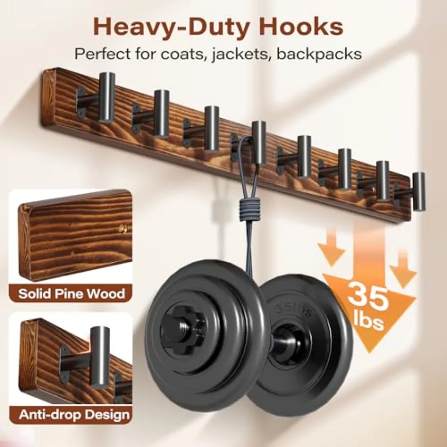Настенная вешалка для одежды 32,3 в деревенском стиле с 8 черными металлическими сверхпрочными Т-образными крючками для прихожей, гостиной, ванной комнаты, прочный P