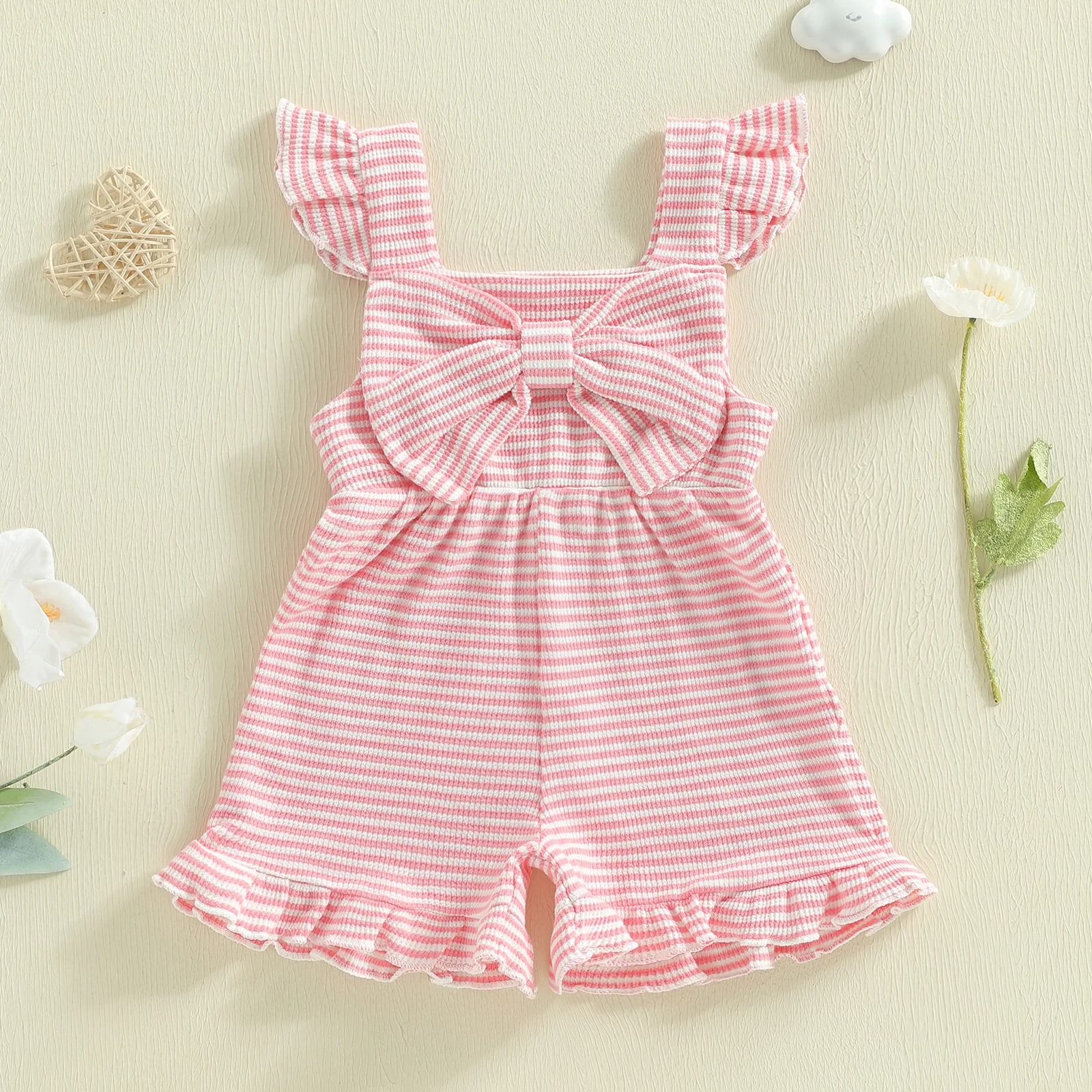 Summer Toddler Baby Girls Striped Jumpsuits Cute Sleeveless Square Collar Ruffles Bowknot Rompers Ruffles Shorts Overalls
