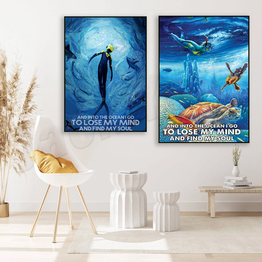 

Scuba Diving and Into the Ocean I'm Going to Lose My Soul Canvas Poster, Scuba Diving Vintage Poster Couple Gift Decoration