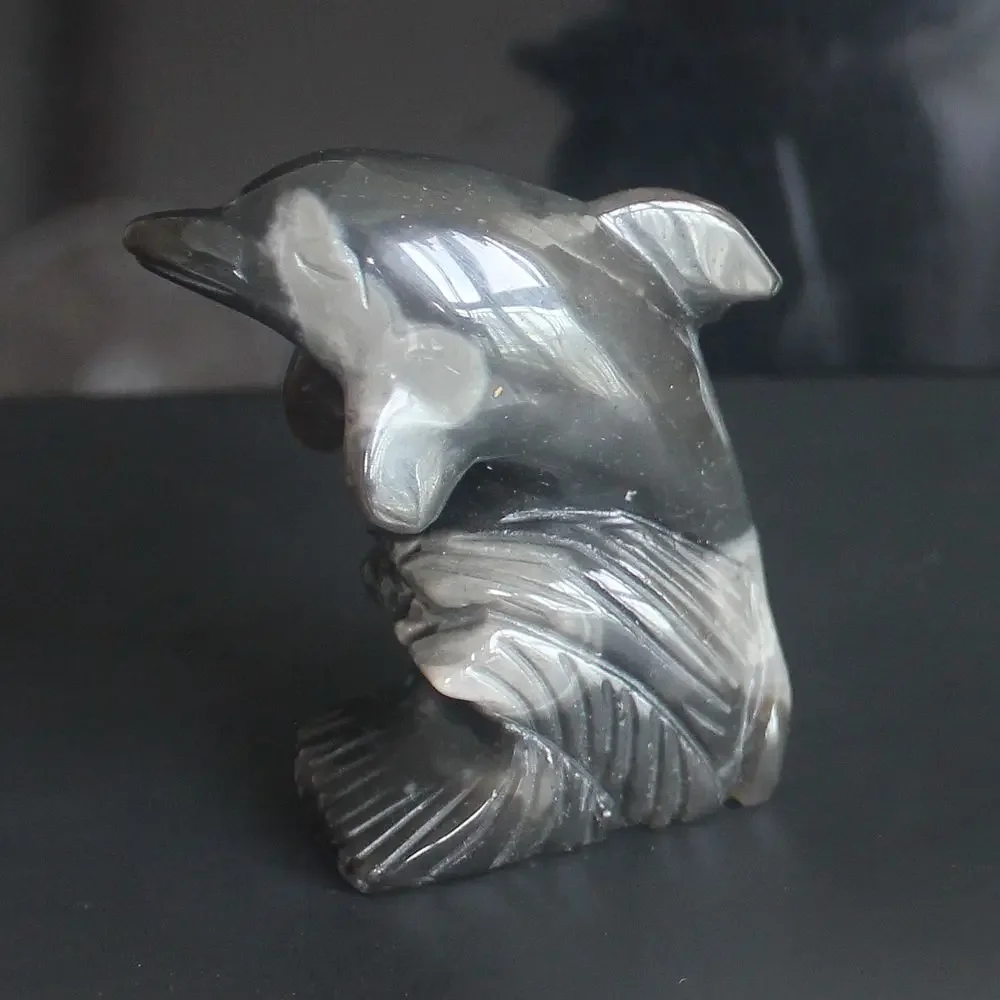 Hand Carved gemstone crystal Agate Dolphin Figurine Animal statue Carving sculpture ornament office home decor 66mm