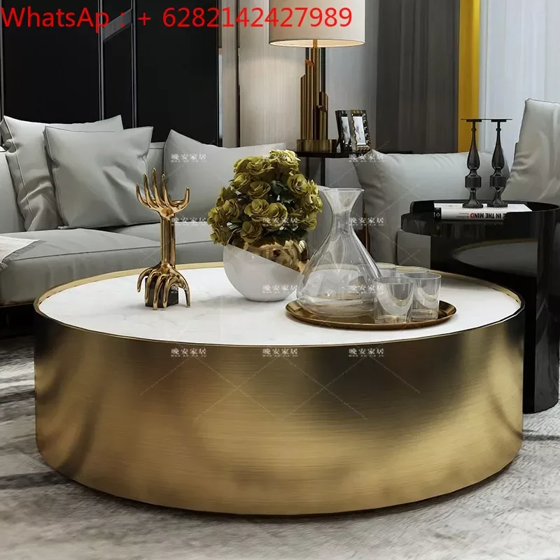 

Custom light luxury coffee table round golden stainless steel 1.2 meters marble coffee table size living room coffee table