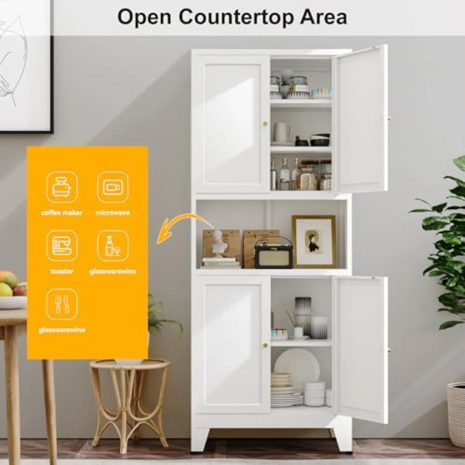 69" Tall Metal Kitchen Pantry Cabinet with Microwave Shelf, 4 Doors & 3 Adjustable Shelves, Heavy Duty Food Storage image 4