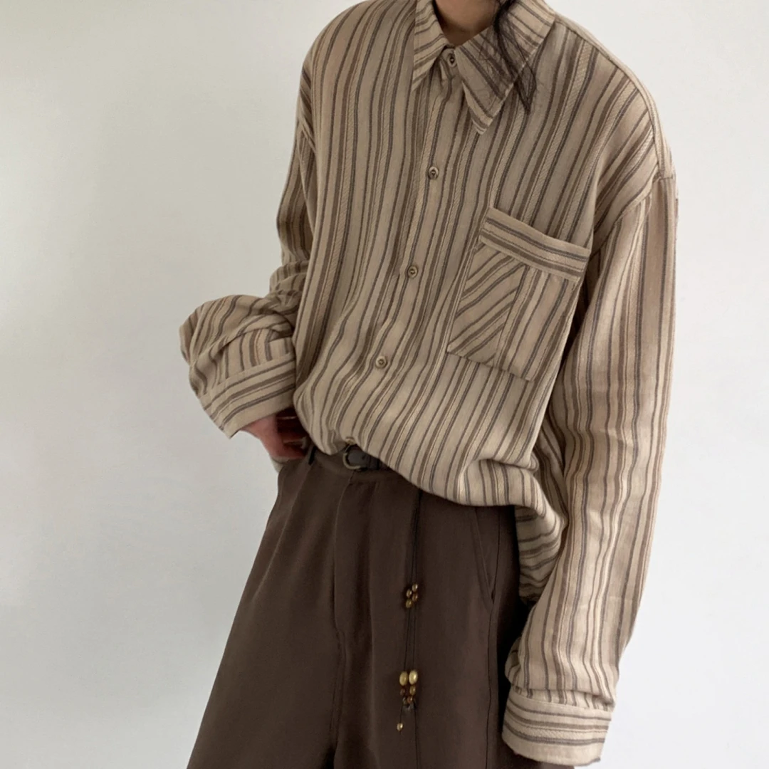Unisex Long Sleeve Shirt Vintage Striped Collar Loose Oversized Trendy College Retro Preppy Spring Autumn Youth Casual Top