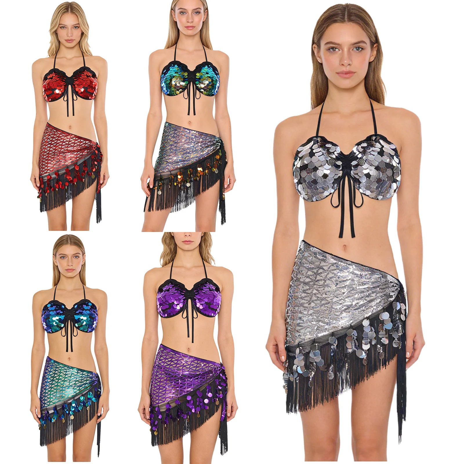 Womens Belly Dance Costume Outfit Shiny Sequin Halter Lace-up Crop Top And Sequin Tassel Triangle Hip Scarf Waist Chain Hip Wrap