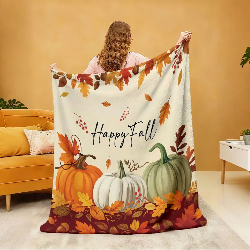 1 piece printed flannel throw blanket  a Happy Fall pumpkin  falling leaves pattern suitable all seasons a perfect gift optio