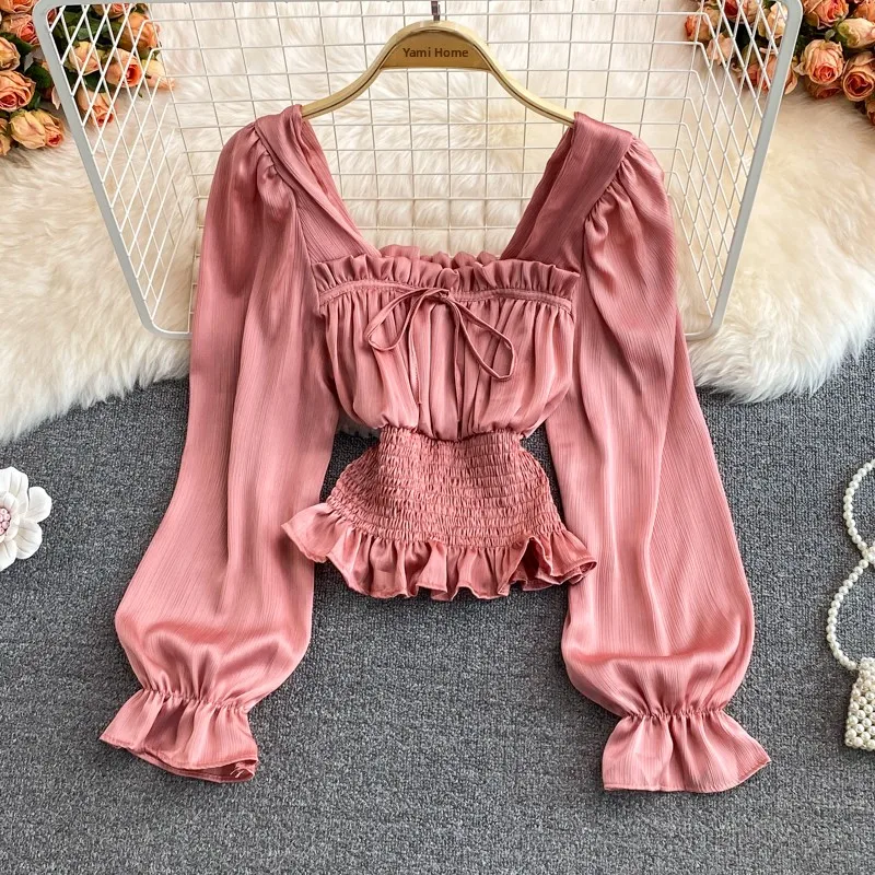 

Faionable Korean Sle Bubble Sve irt ort Waist-Cinching Square Collar Slimming Top Trendy Commute Pure Color irt