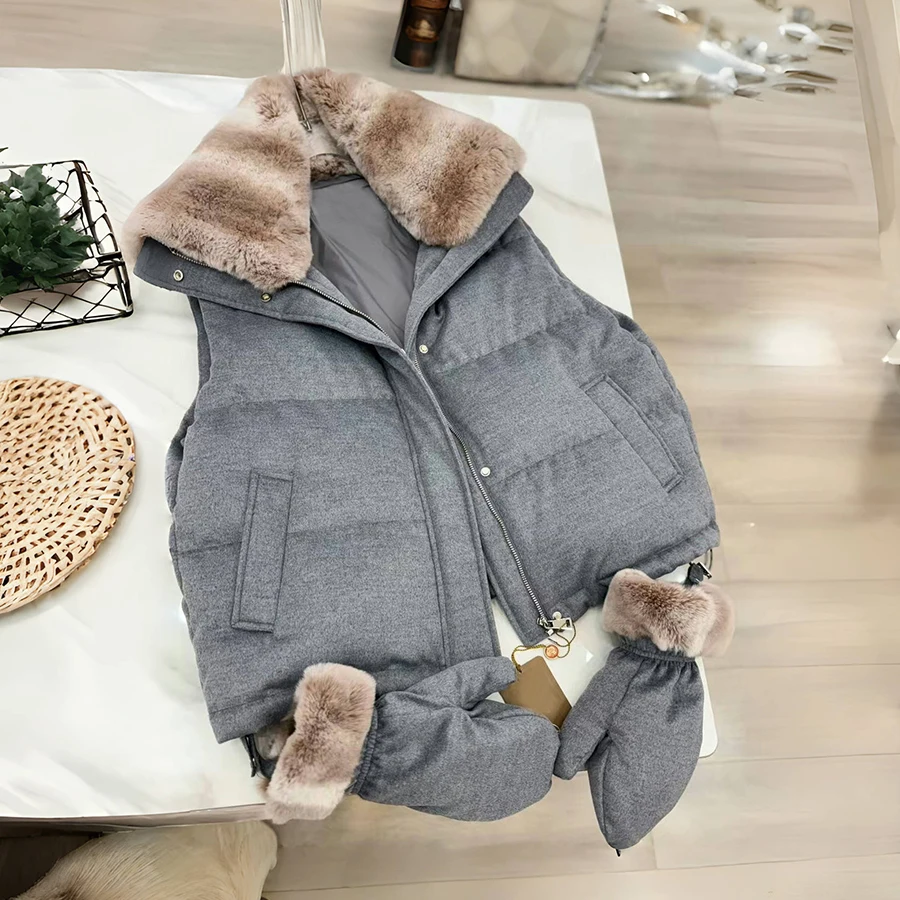 Natuurlijk Rex konijnenbont vest korte witte donsjas dames winter donsjack met bontkraag luxe echt bont jas