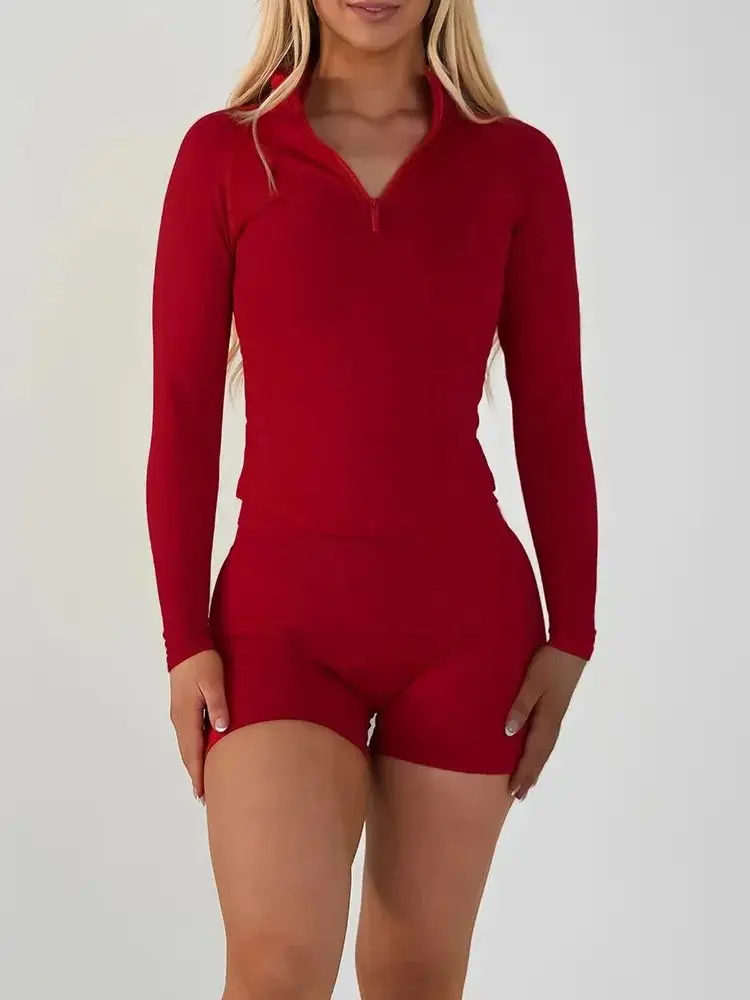 Yoga set met lange mouwen voor dames, high waist running shorts & top workout outfit, naadloze gymkleding 2-delige set, fitness lounge kleding - afbeelding 2
