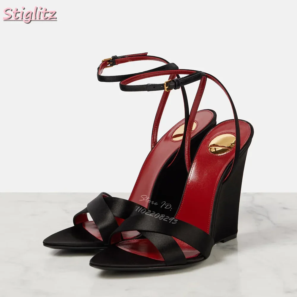 

Sexy Satin Cross-tied Sandals Black Round Open Toe Wedge-heels Summer New Light Luxury Party Buckle Strap Shoes High Heel 2025