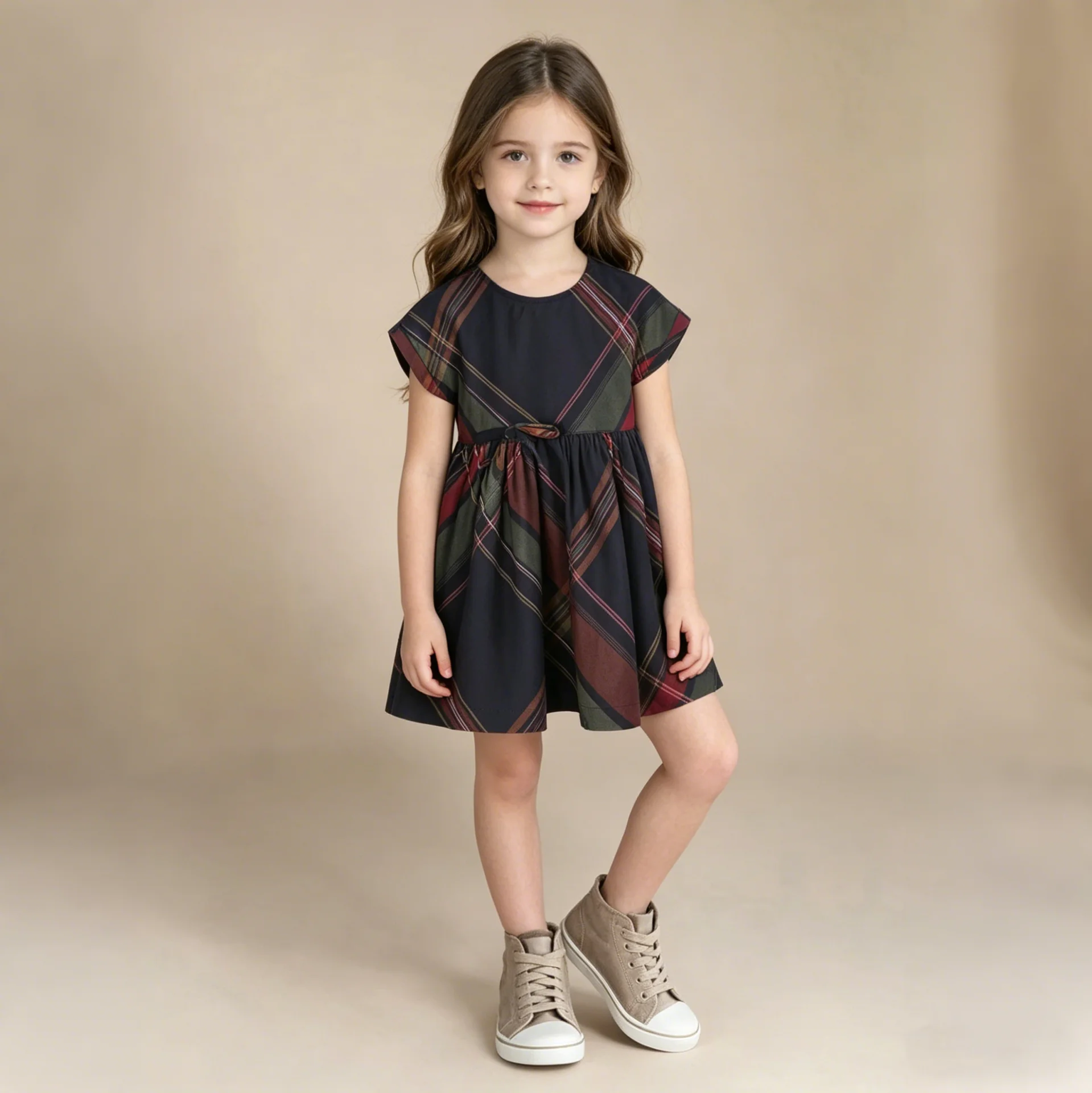 

Baby Girl Dress Summer Short Sleeves Red Checkered Cotton Girl Dress Cute Waistline Bow Lapel Girl Beach Dress