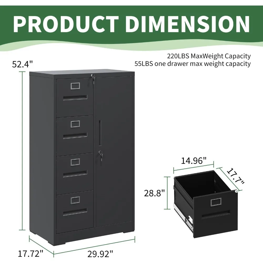 Vertikaler Aktenschrank mit 4 Schubladen, Schloss und 1 Tür, Aktenschrank mit A4-Regalen/Buchstaben, Schwarz, Montage erforderlich