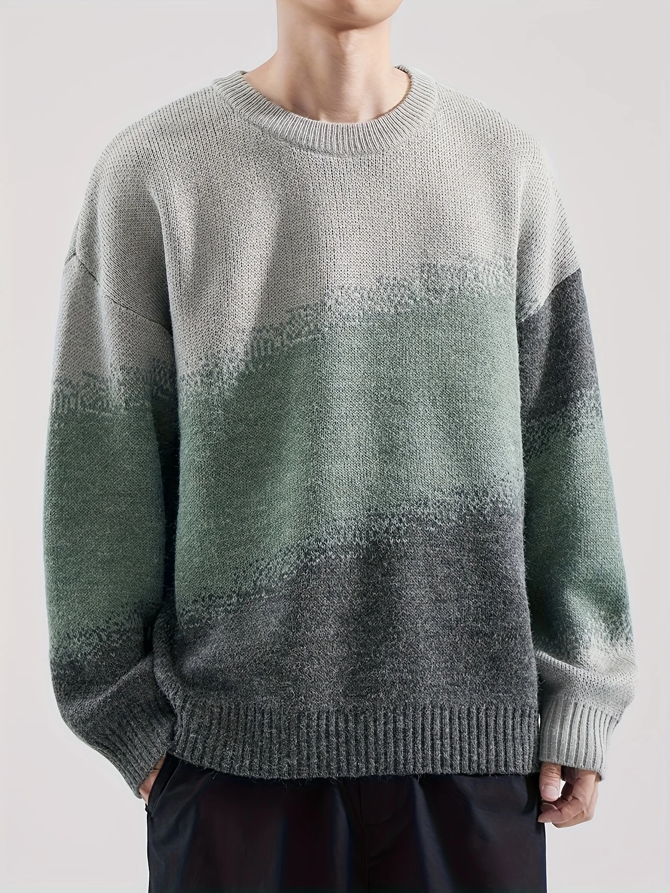 

Мужской свитер с длинными рукавами и градиентом цвета в стиле ретро, новый осенне-зимний теплый мягкий вязаный пуловер с круглым вырезом, внутренний слой, топ