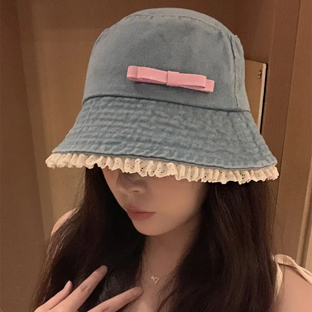 الرجعية كبيرة الحواف الدنيم قبعة بحافة ربطة القوس فيونكة Y2K الدانتيل صياد قبعة الكورية نمط UV حماية القوس واقية من الشمس قبعة في الهواء الطلق