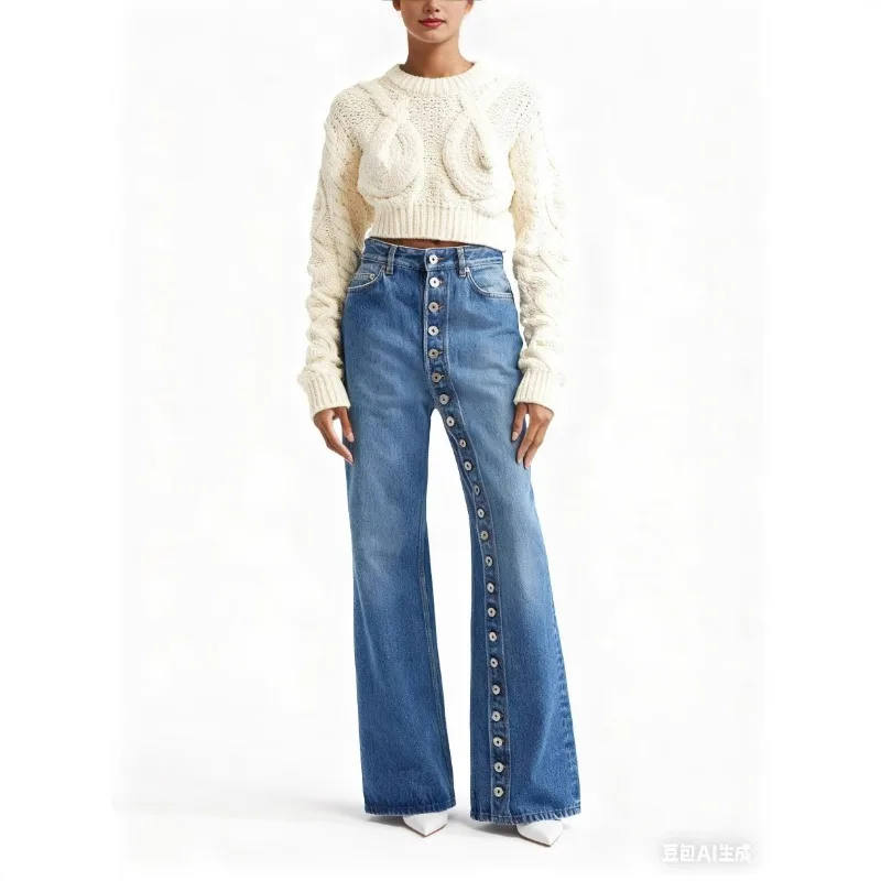 Retro Washed High Street Personalized Jeans Women's Autumn New Design Sense Single-breasted Straight Tube Exquisite and Simple
