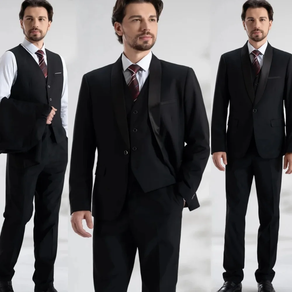 

Men Suit Set (blazer+ Vest +pants) Fashion Business Casual Hosts A Solid Color Slim-fit Gentleman's Wedding Suit Plus Size