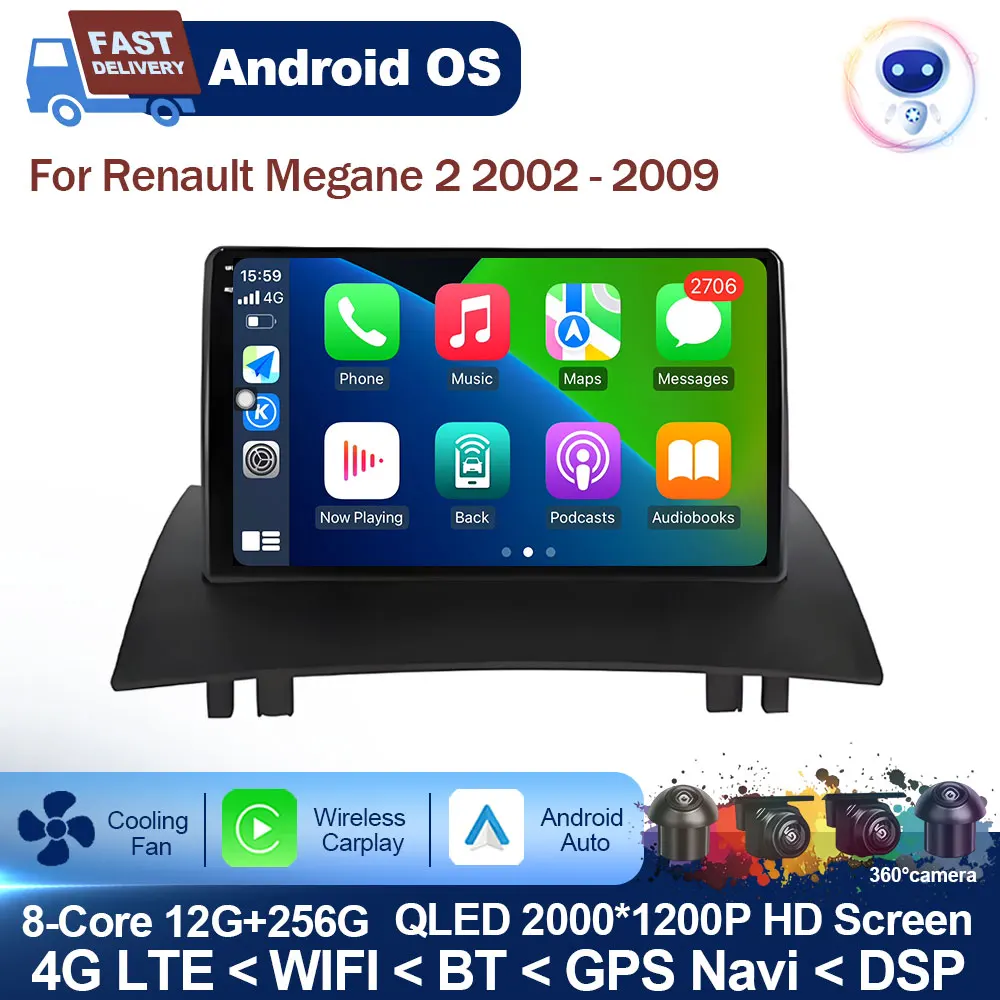 

Android Auto Wireless Carplay for Renault Megane 2 2002 - 2009 QLED Screen Car Radio Multimedia Player GPS Navi DSP Head Unit