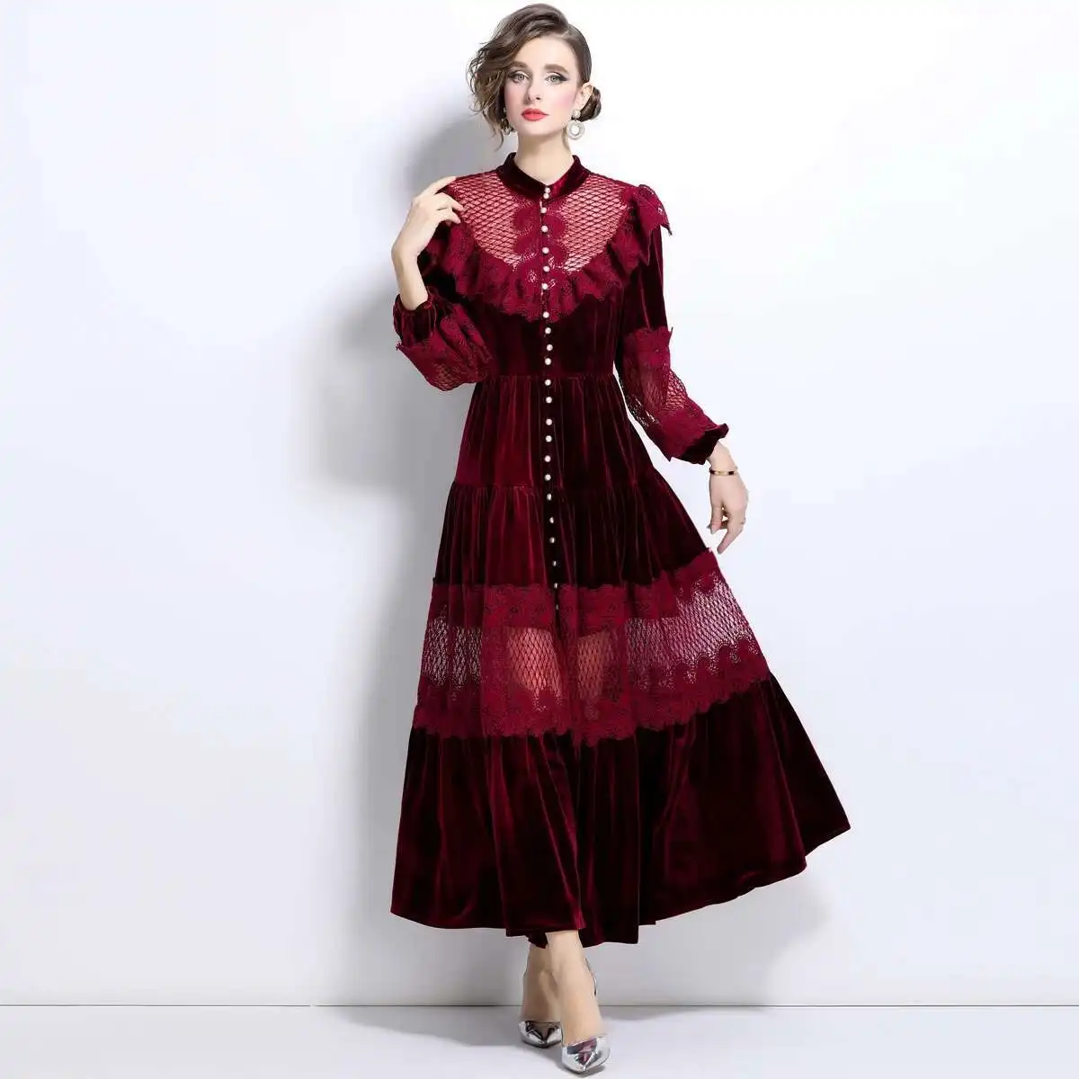 แฟชั่นฤดูใบไม้ร่วงฤดูหนาวเดี่ยวไข่มุกแขนยาวลูกไม้กํามะหยี่ชุดผู้หญิง Ruffles สาย Maxi Prom Dresses Lady