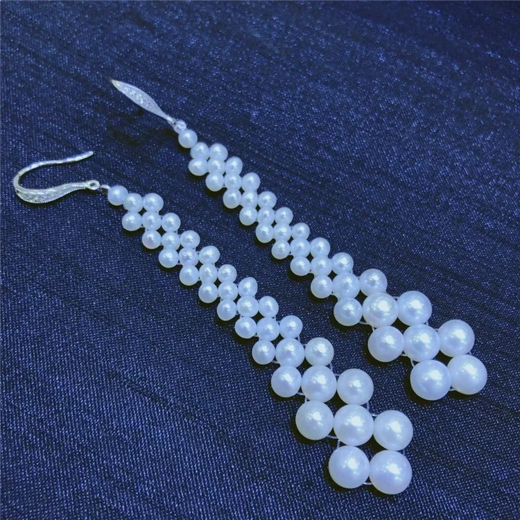 Natural freshwater small pearl long hand woven earrings 925 sterling silver ear hook