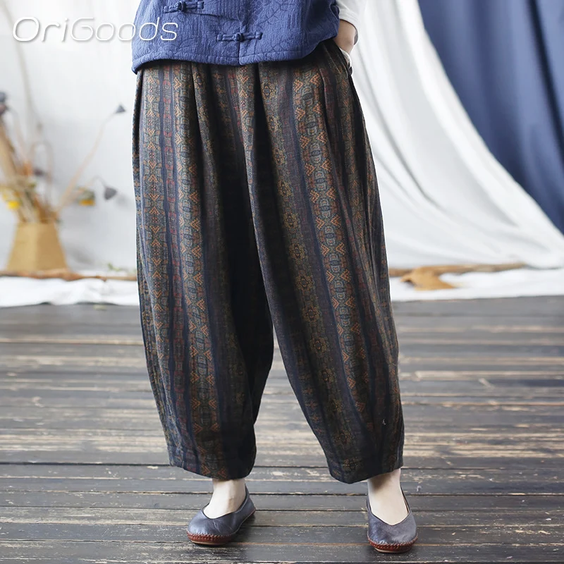 OriGoods Spring Autumn Cotton Pants Women Elastic Waist Vintage Print Loose Pants National Style Original Design Trousers X031