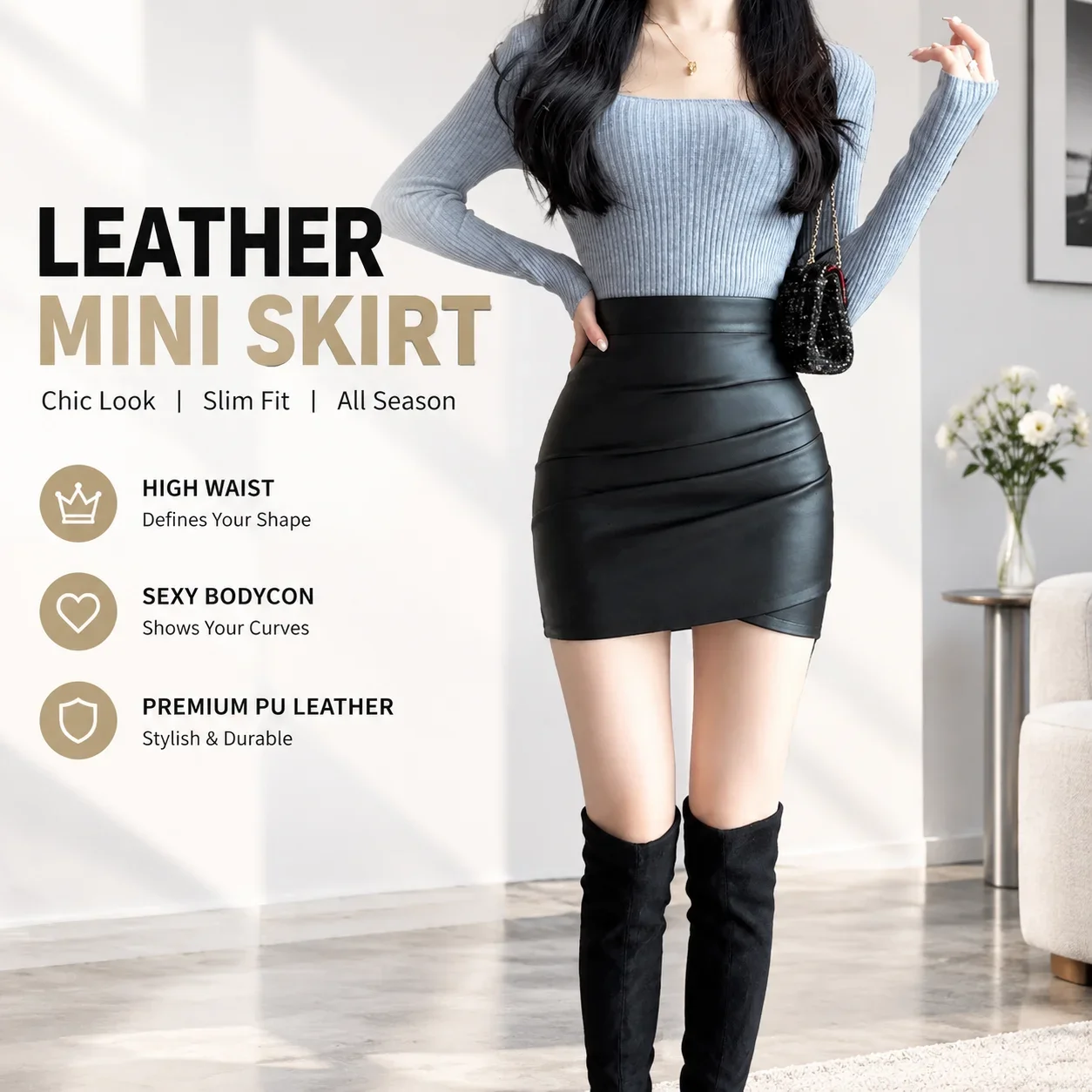 High Waist PU Leather Bodycon Mini Skirt Black Irregular Hem Sexy Pencil Skirt for Women Autumn Winter