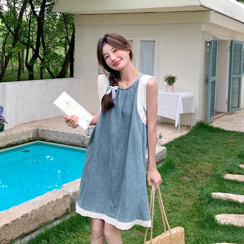 

Retro Lace Edge Splicing Denim Sleeveless Dress For Women Summer New Lazy Vacation Style Round Neck Cowboy Knee-length Dresses
