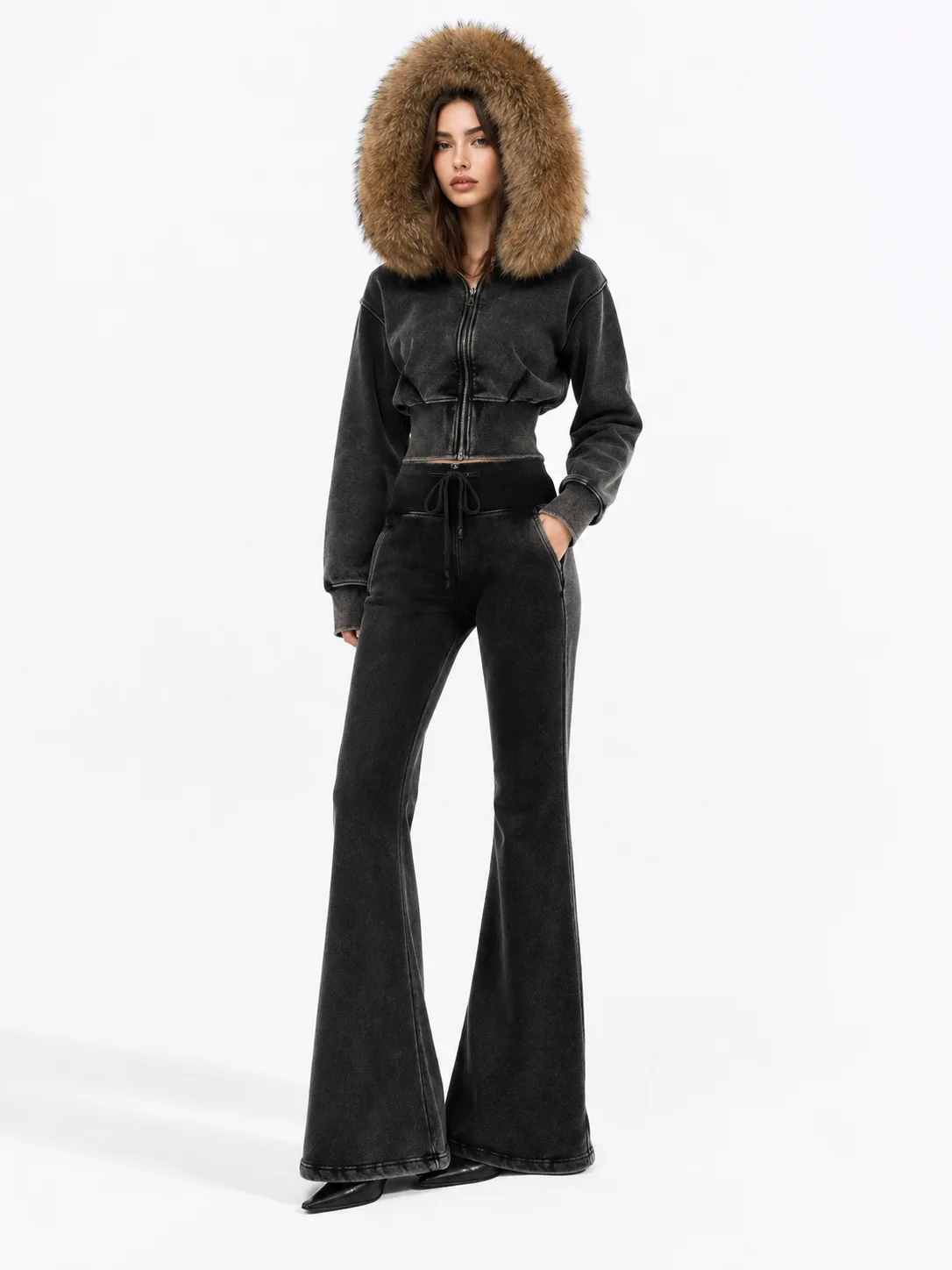 OFTBUY Flare Pants Set Female Washed Denim Look New Autumn Winter Tracksuit Women 2-Piece Outfit Real Fox Fur Hooded Crop Jacket