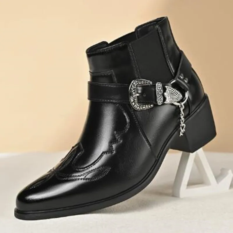 New Fashion 2026 Men's Vintage Cowboy Boots Leather High Top Chain Buckle Strap Punk Shoes Pointed Toe Biker Ankle Boots for Men