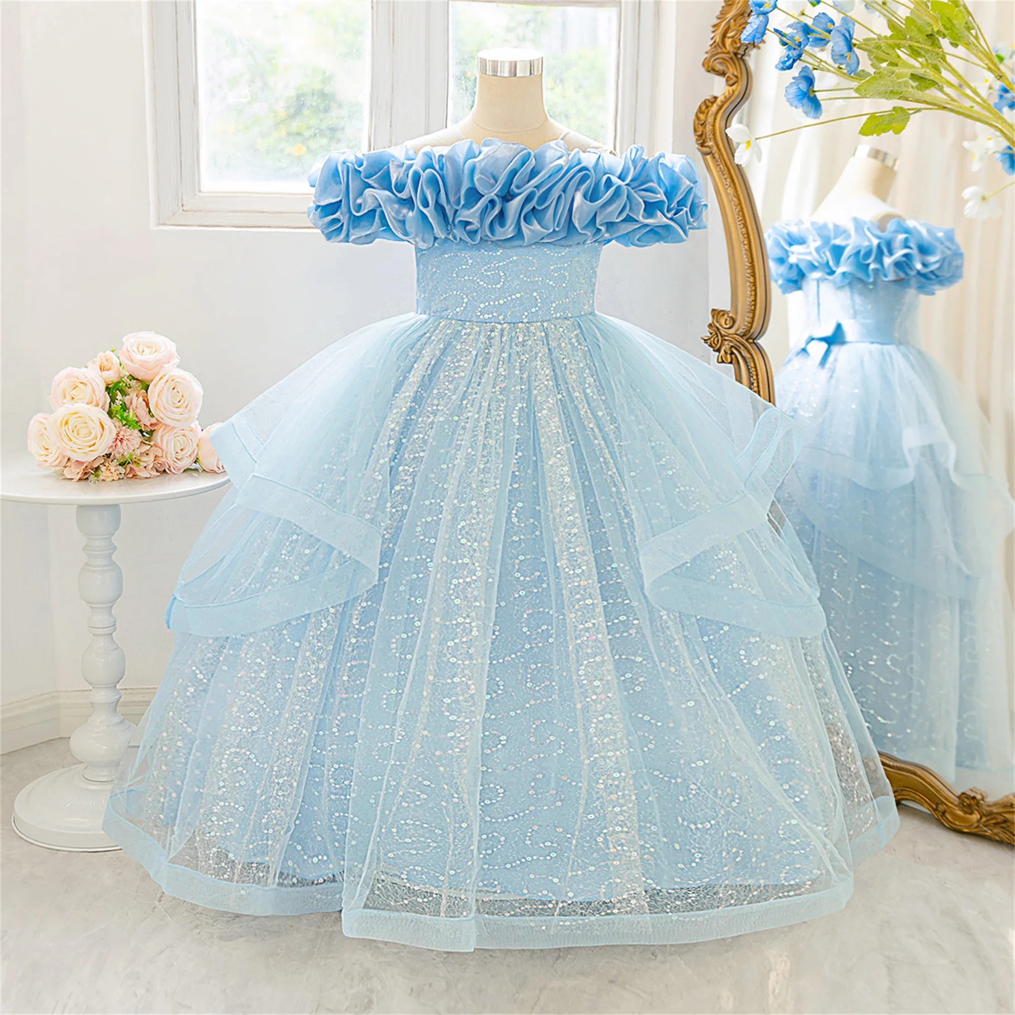 أزياء زهرة حزب وصيفة الشرف فتاة فساتين عيد الميلاد زي أنيق الزفاف فستان الأميرة فتاة أول بالتواصل ثوب عيد ميلاد