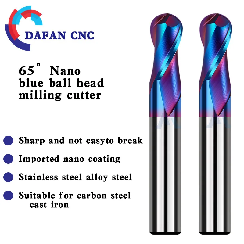 

65 ° Твердосплавная концевая фреза с нано-синим покрытием, прецизионная сферическая головка высокой твердости с 2 канавками