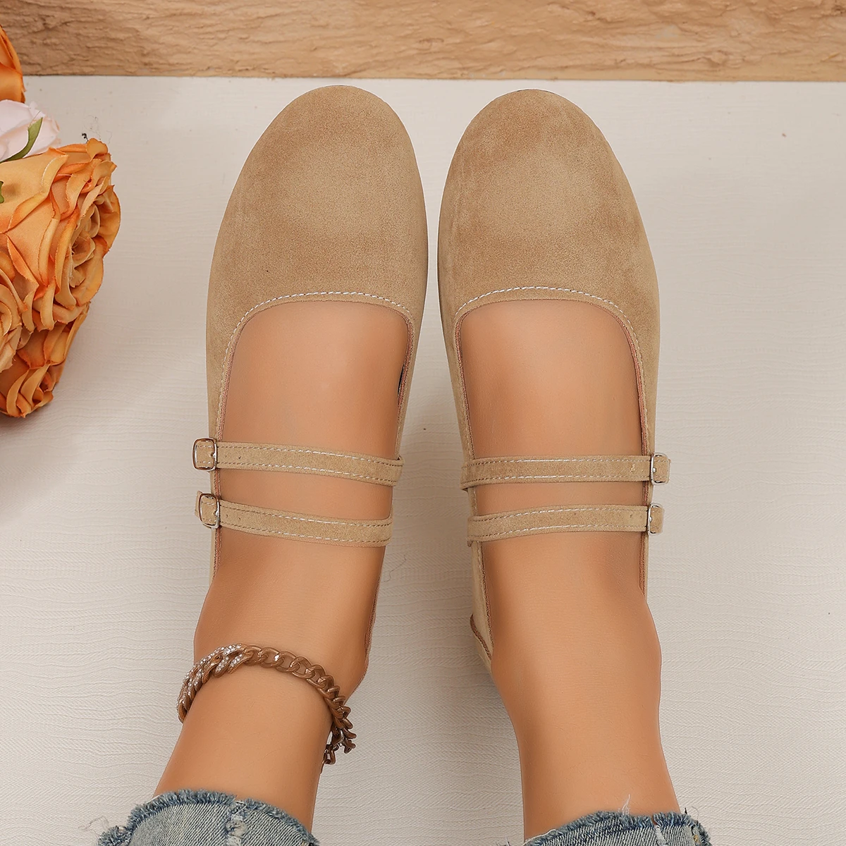 Damen Mary Jane Ballerinas mit doppeltem Riemen, runder Zehenpartie und weicher Sohle, Freizeitschuhe – Detail 3
