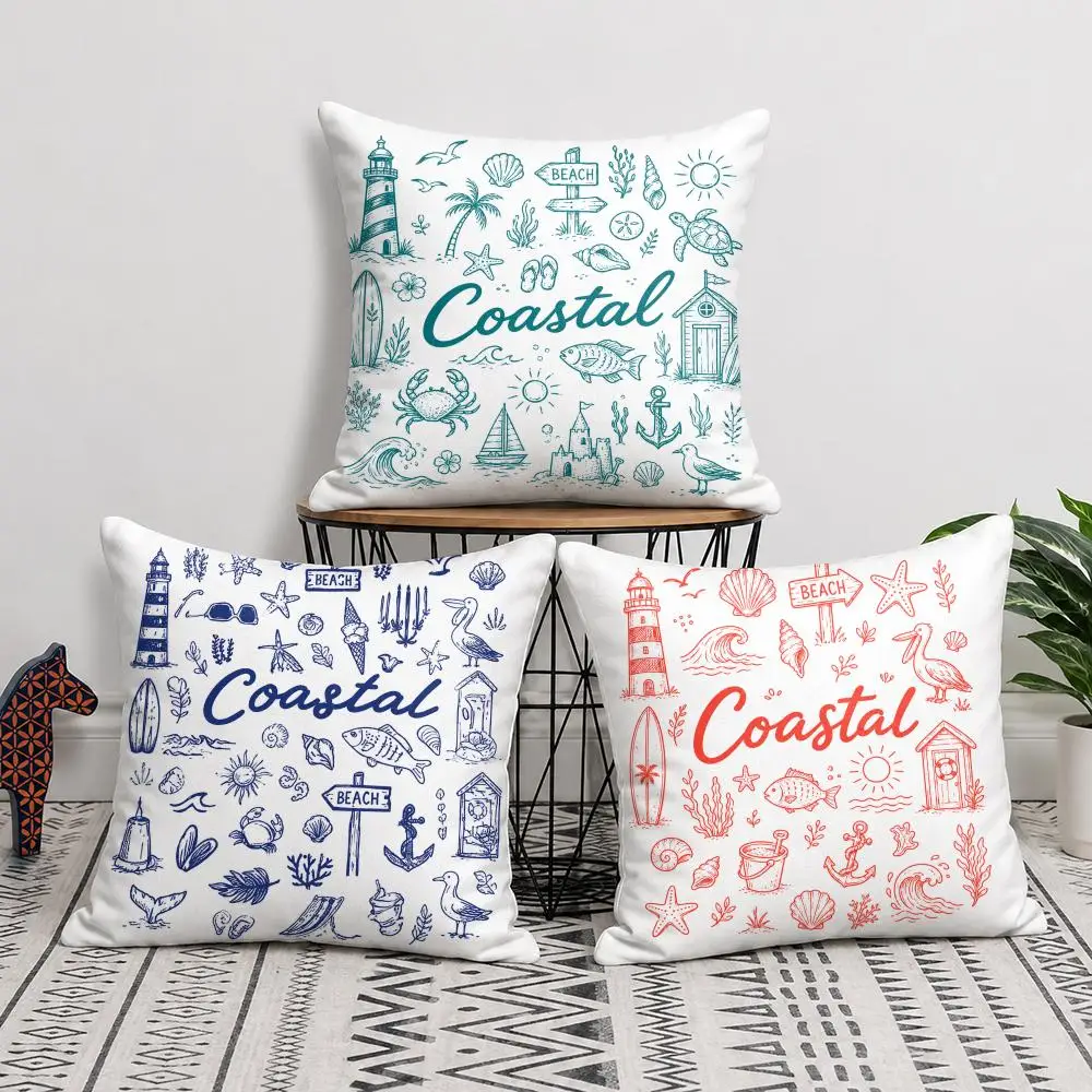 Marine Life Sketches Cushion Cover Short Plush Soft Double-Sided Printing Pillow Case Cozy Sofa Bedroom Home Decor Gift