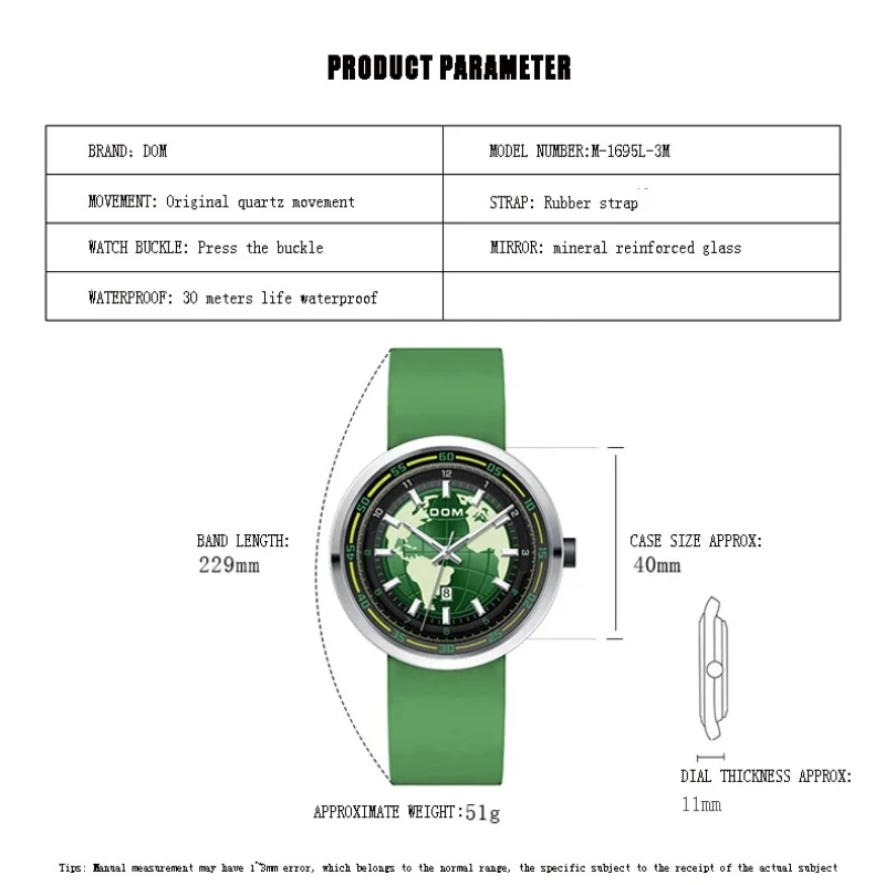 DOM1695 Brand Fashionable Men's Earth Design Quartz Watch Waterproof Night Light Calendar Casual Rubber Strap Watches for Man